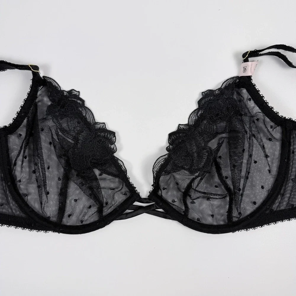 Victoria's Secret Very Sexy Sheer Swiss Dot Unlined Underwire Bra Black 34DD NWT